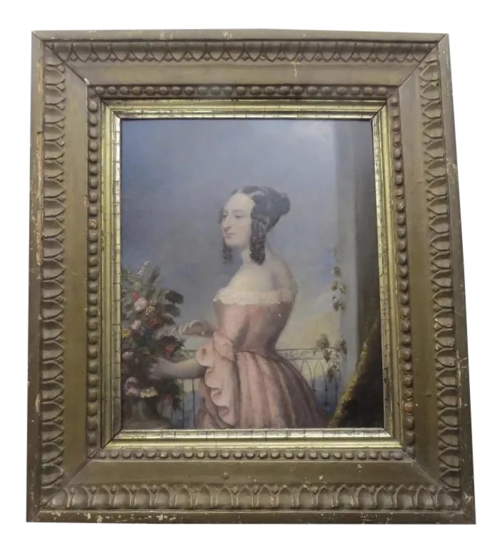 19th Century Portrait of a Young Girl Oil Painting, Framed: Portrait of a young girl in pink dress. 19th century interior scene with woman and flowers, oil on artist board unsigned. Retains label from Shaik Dowlut & Co., Calcutta No. 132, Chitpore Road, verso