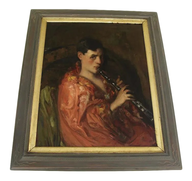 1910s "Woman Playing the Clarinet" Figurative Oil Painting by Antonio Barone, Framed: Oil on canvas by Antonio Barone. Although he worked in oil, he was mainly a watercolorist. The influence of Chase is evident in his work. Barone died in NYC in July 1971. Fabulous frame. c 1910. Born 