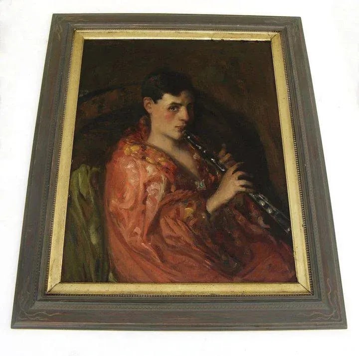 1910s "Woman Playing the Clarinet" Figurative Oil Painting by Antonio Barone, Framed - 2