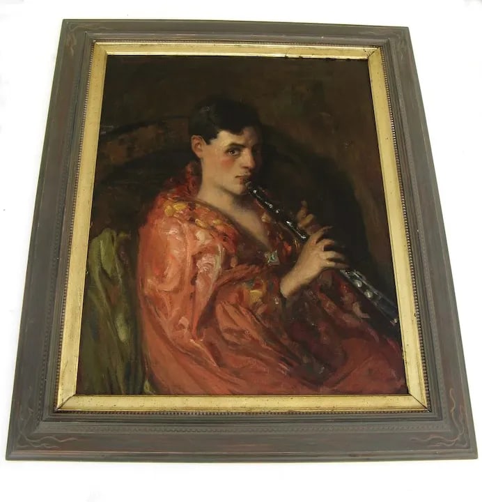 1910s "Woman Playing the Clarinet" Figurative Oil Painting by Antonio Barone, Framed - 5