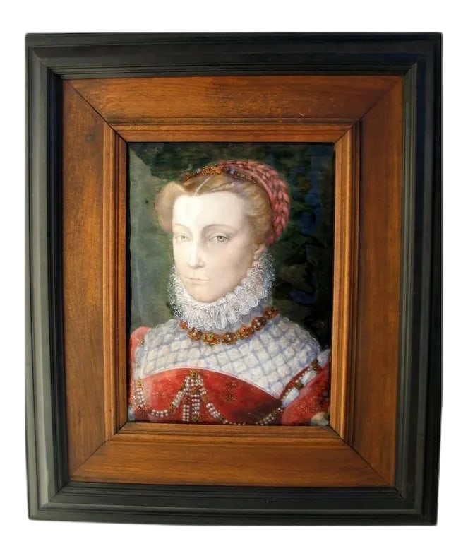 Late 19th Century "Portrait of Elisabeth of Austria" Enamel Painting on Copper by Paul Grandhomme an: Enamel painting by enamellers Paul Grandhomme and Alfred Garnier. After Francois Clouet (1522 to 1572) portrait of Elisabeth of Austria, Queen of France enamel 9 x 12 framed 18 x 28 c 1889 Condition: