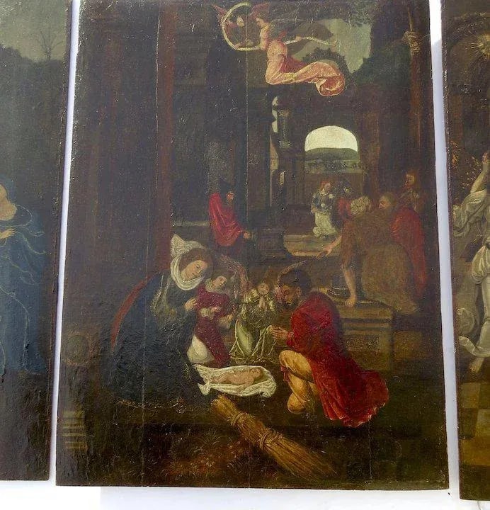 17th Century Italian School Triptych of the Nativity, Annunciation and St. Anne & Mary Oil Painting - 2