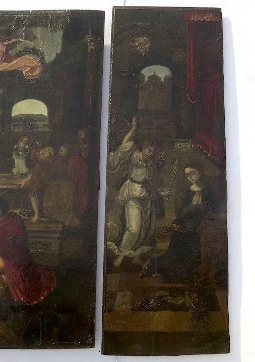 17th Century Italian School Triptych of the Nativity, Annunciation and St. Anne & Mary Oil Painting - 4