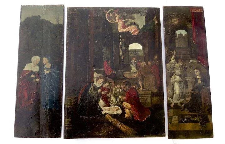 17th Century Italian School Triptych of the Nativity, Annunciation and St. Anne & Mary Oil Painting - 5