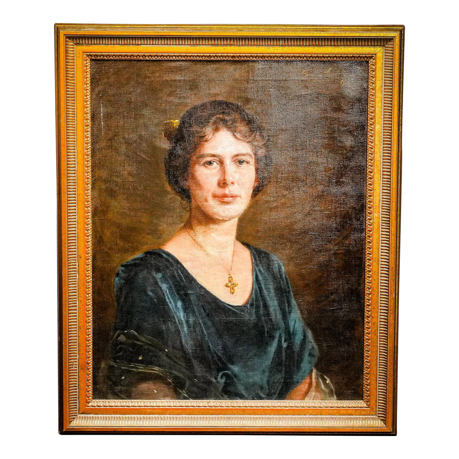 Lovely Antique Oil Painting Portrait of Society Woman Framed Home Wall Decor: This exceptional 1922 oil on canvas portrait captures the quiet dignity and timeless grace of its female sitter with remarkable skill and sensitivity. Signed and dated by the artist in the lower right