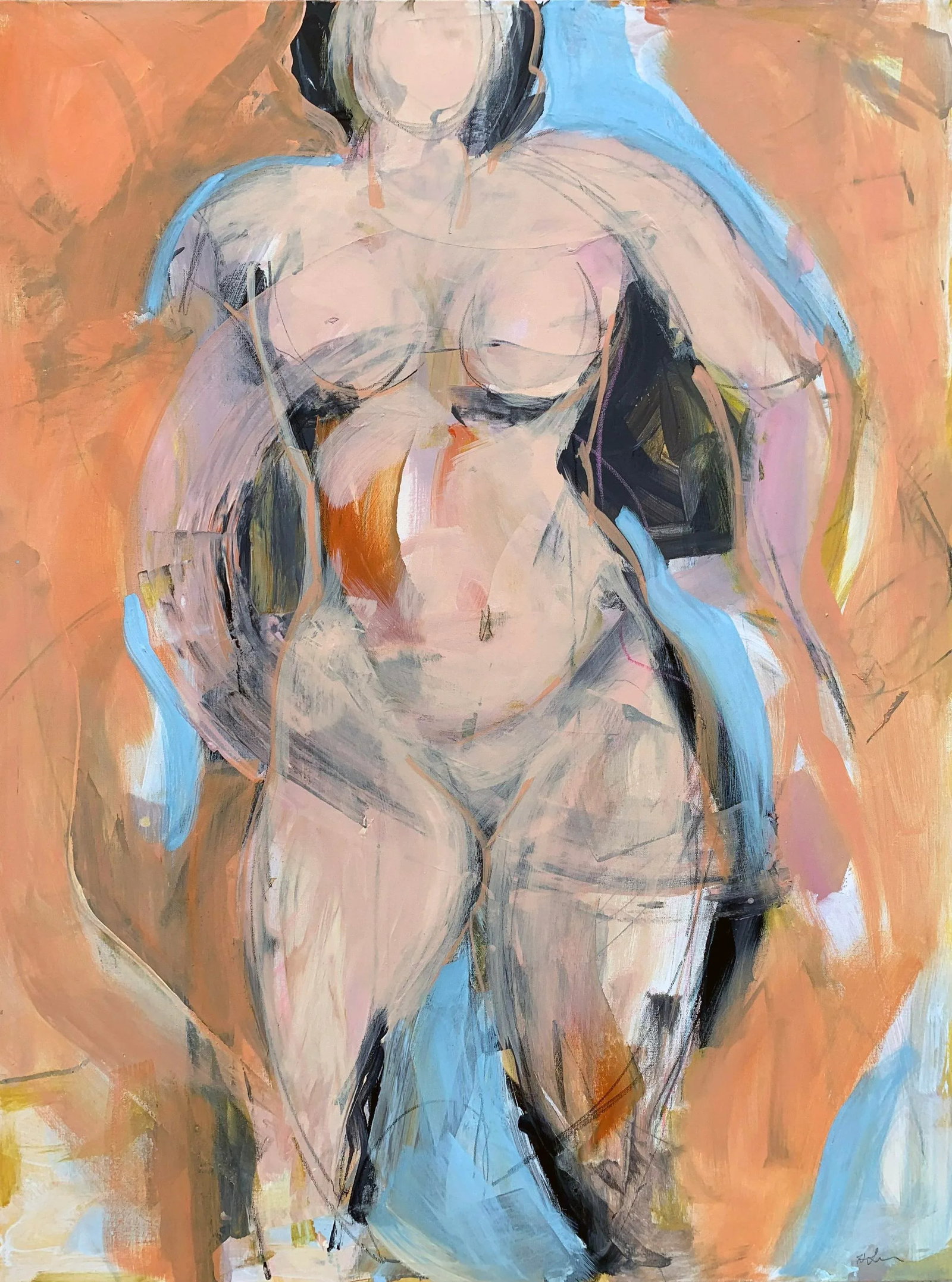 Woman in Orange I: This work is part of a gestural series celebrating movement, women and the female landscape. It creates a metaphor for the space between abstraction and representation, and the dichotomy represented