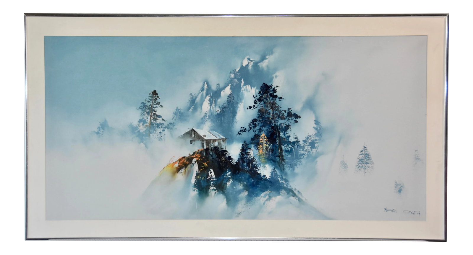 Mid 20th Century Japanese Landscape Scene Silk Painting, Framed Signed: A beautiful Japanese painted silk painting depicting a peaceful landscape. Signed by artist on bottom right corner * Silver metal frame * Minor age wear on the frame. Few minor scuffs on painting as
