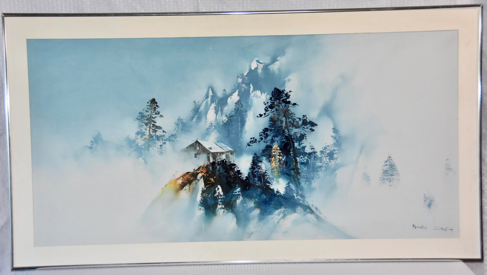 Mid 20th Century Japanese Landscape Scene Silk Painting, Framed Signed - 2