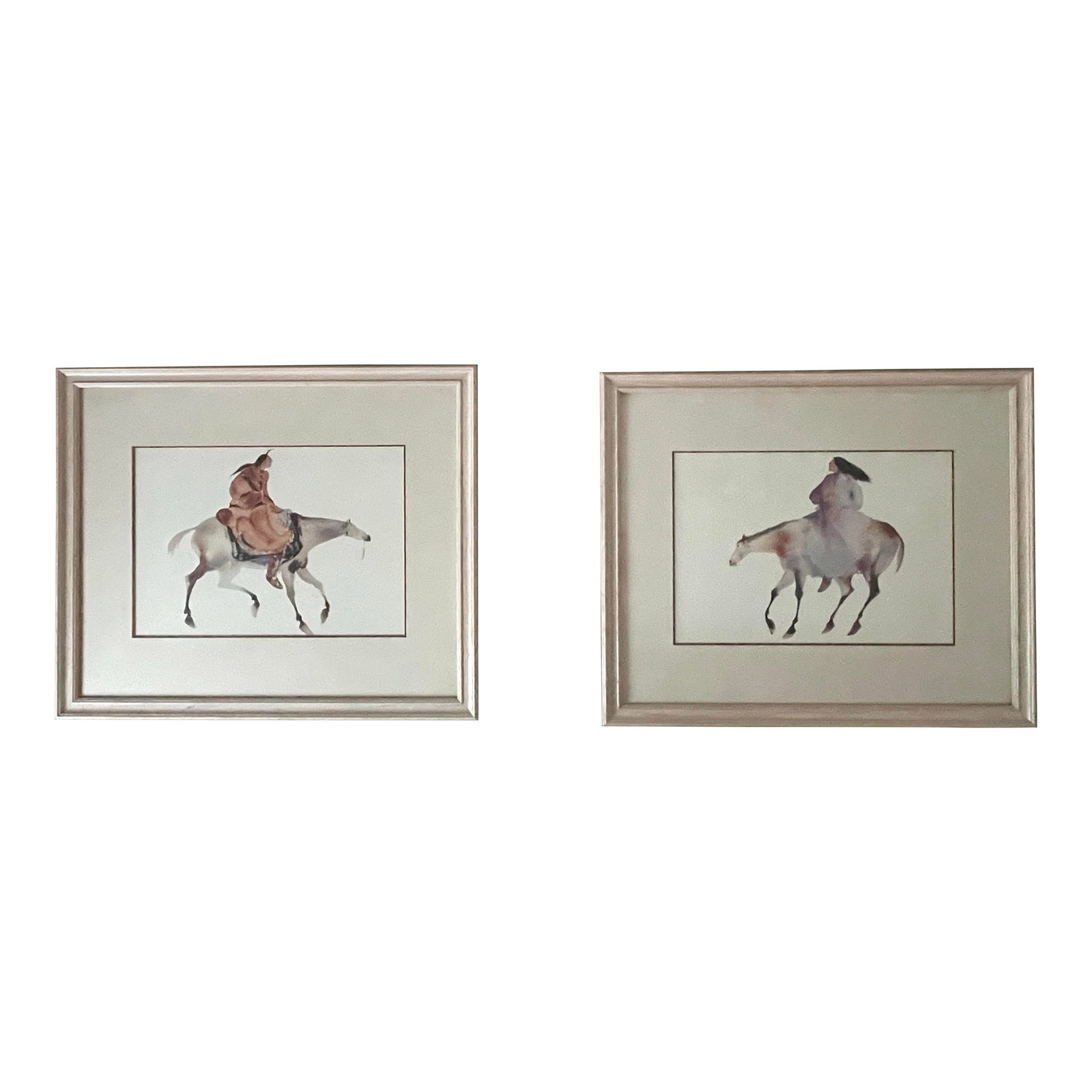 1990s Carol Grigg Native American Watercolor Lithograph Prints - Pair: 2 Watercolor Lithograph art prints by Carol Grigg. The beautifully framed artwork features the Native American Earth Healer and the Crow Warrior. The prints do not appear to have a signature; unsure