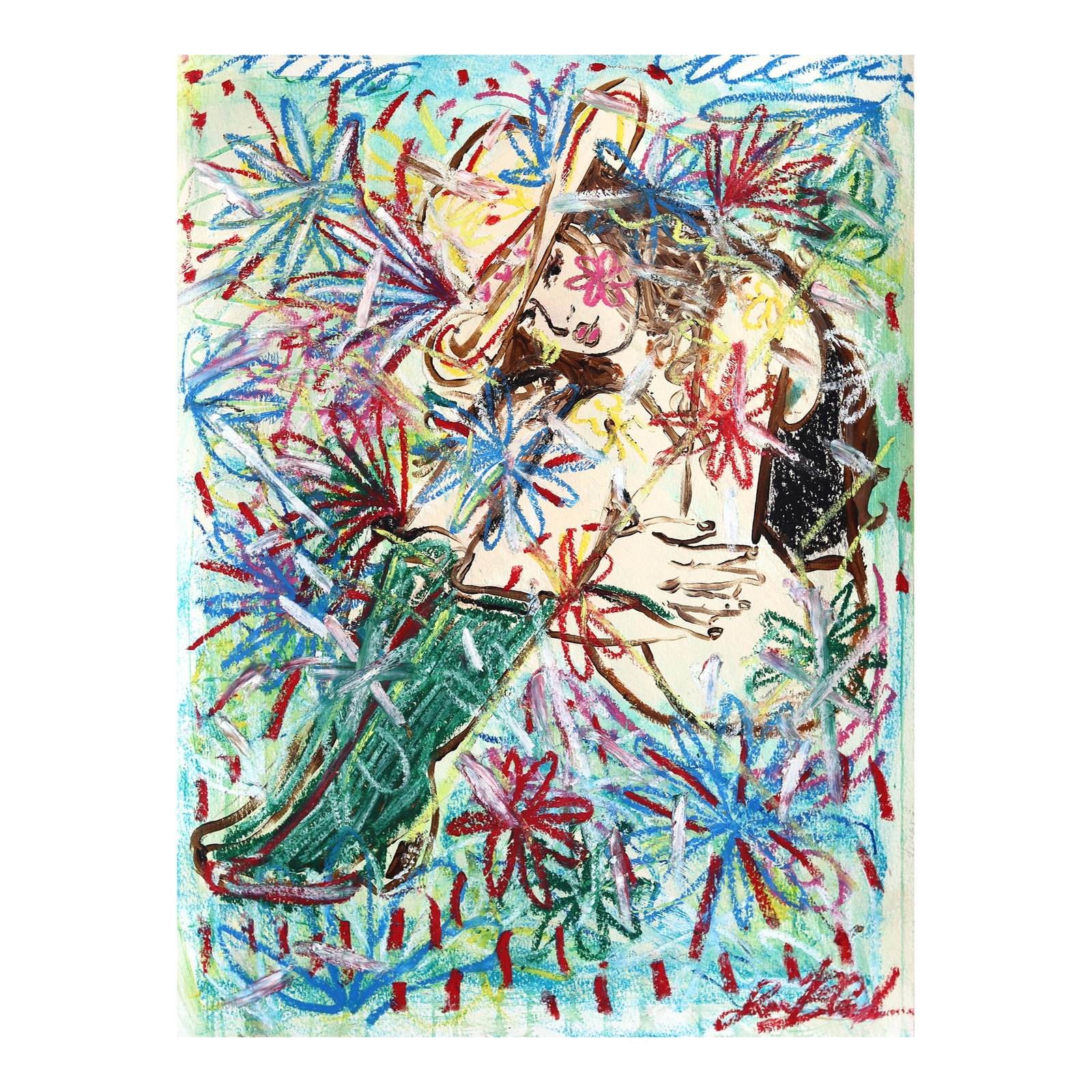 Cowgirl in Bloom - Figurative Pin Up Western Inspired Portrait Art on Paper Original Artwork by Jess: Jesse's imagery often merges playful and gritty elements, blending floral patterns, vintage-inspired designs, and bold outlines with a touch of whimsy. His artwork exudes a sense of storytelling, capt