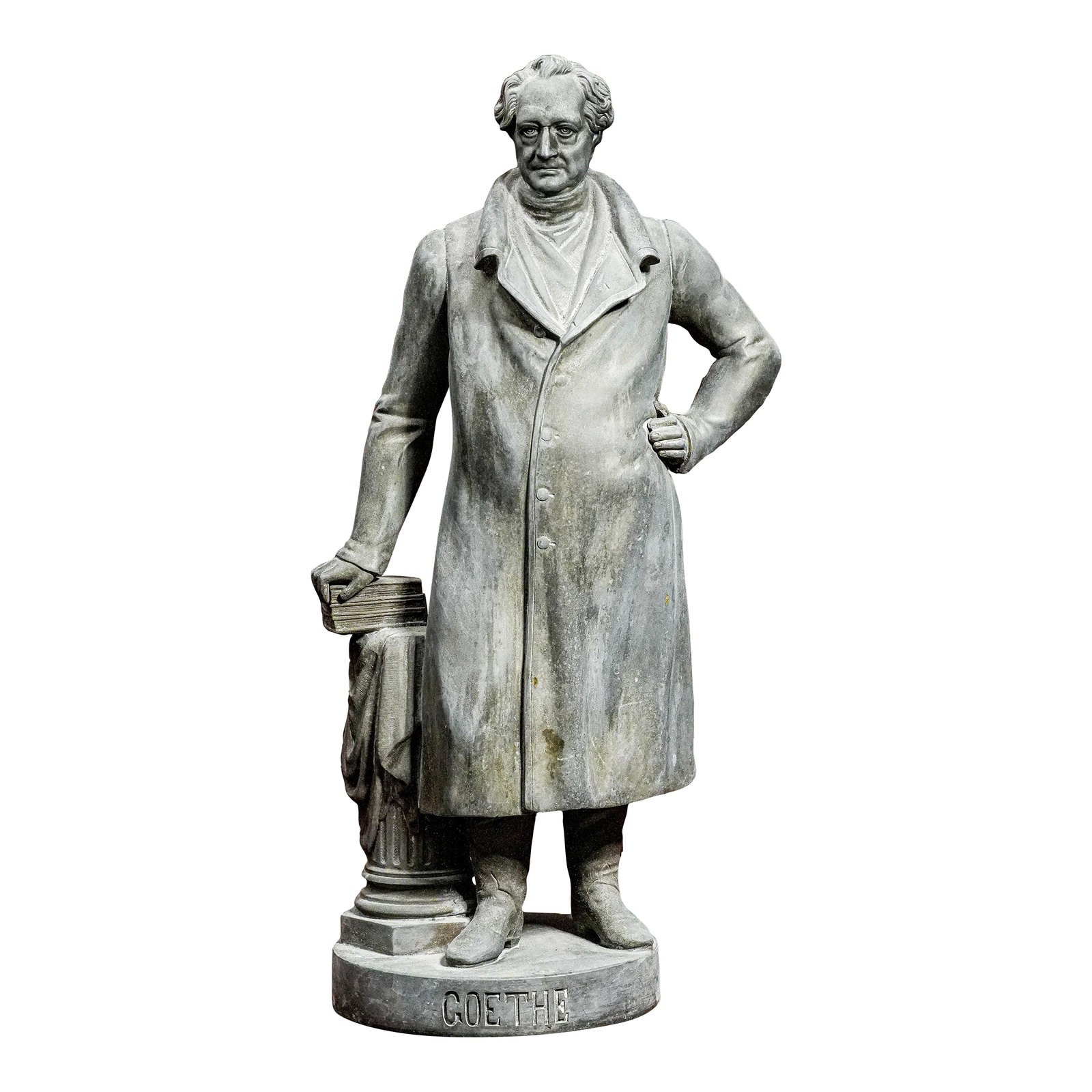 Large Spelter Metal Antique Victorian Statue Sculpture Goethe: Elevate your space with this commanding and beautifully detailed Victorian-era spelter metal statue of Johann Wolfgang von Goethe. Standing an impressive 18 inches high, this antique sculpture exudes 