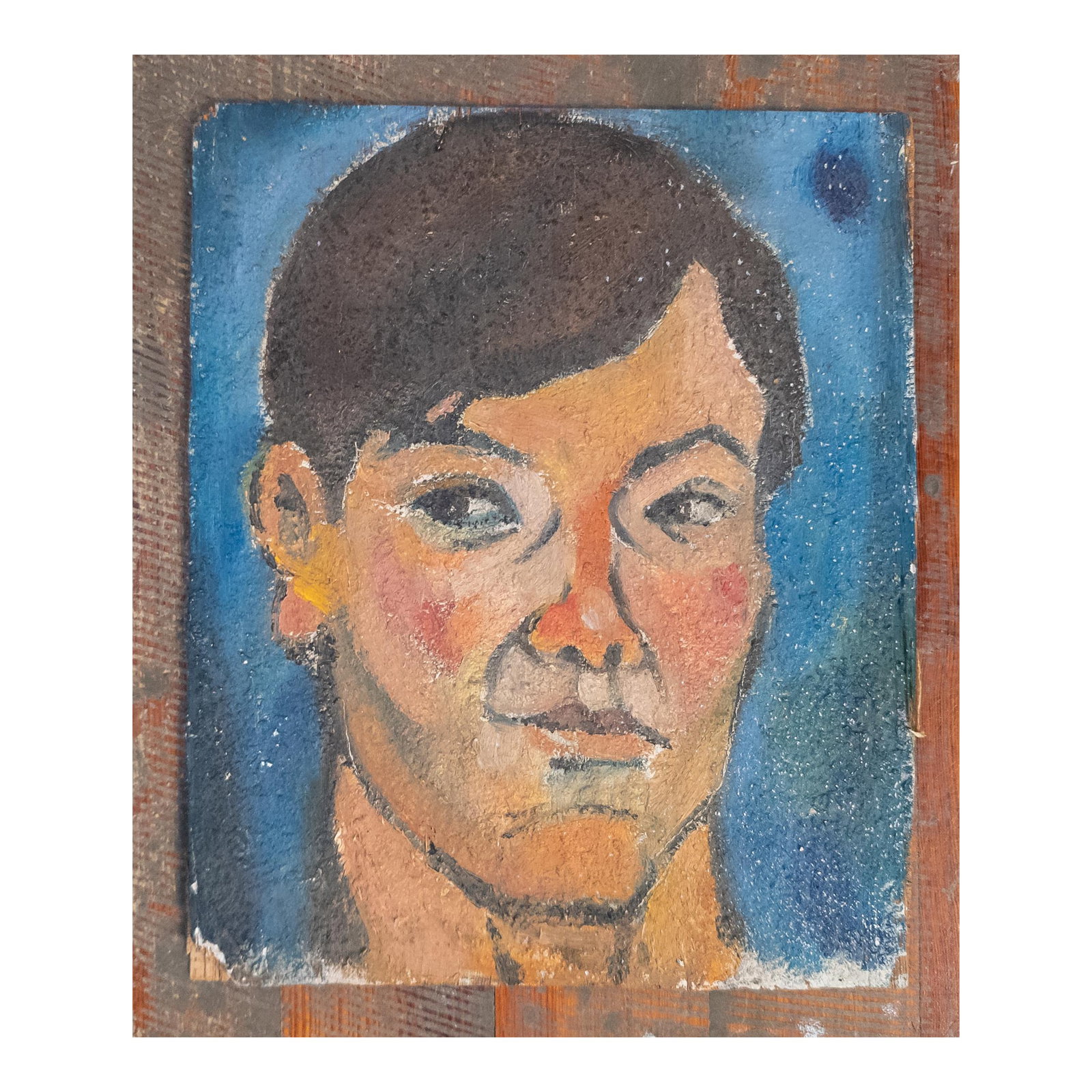 Mid-Century Modern Portrait Painting of a Man, Oil on Plywood: We are selling this really cool Mid-Century painting of a Man. This painting is very well done and has that cool look, probably influenced by Modigliani. The painting appears to be on a prepared