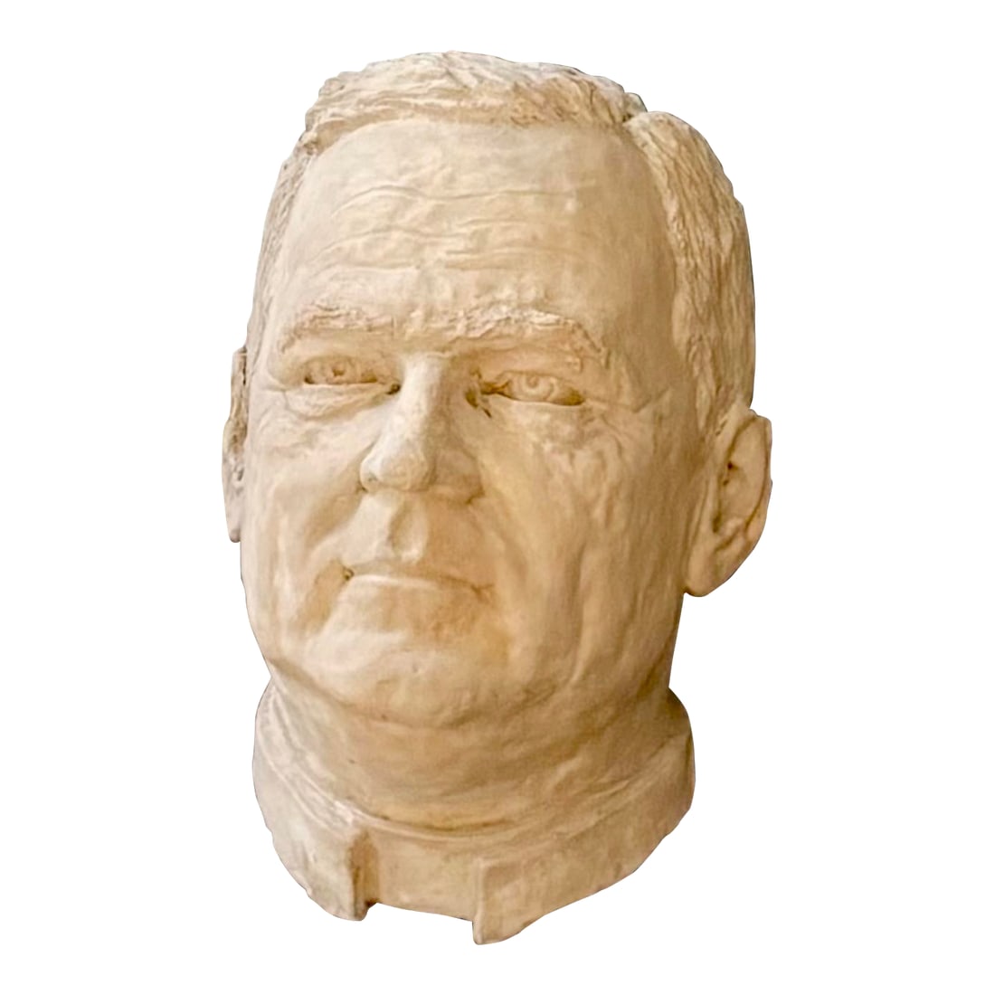 1960s Large Plaster Bust of a Man in Contemplation: This impressive and very heavy 14-inch tall plaster bust, signed Gordon Brewster, 1969, is a striking example of mid-20th-century portrait sculpture. Meticulously rendered, the piece captures both