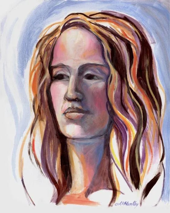 Pink Portrait Contemporary Female Portrait Oil Painting: A contemporary colorful portrait painted from life in oils with pretty shades of terra cotta, orange, pink and gentle gray blue. This uplifting art piece would look great in a variety of settings. A