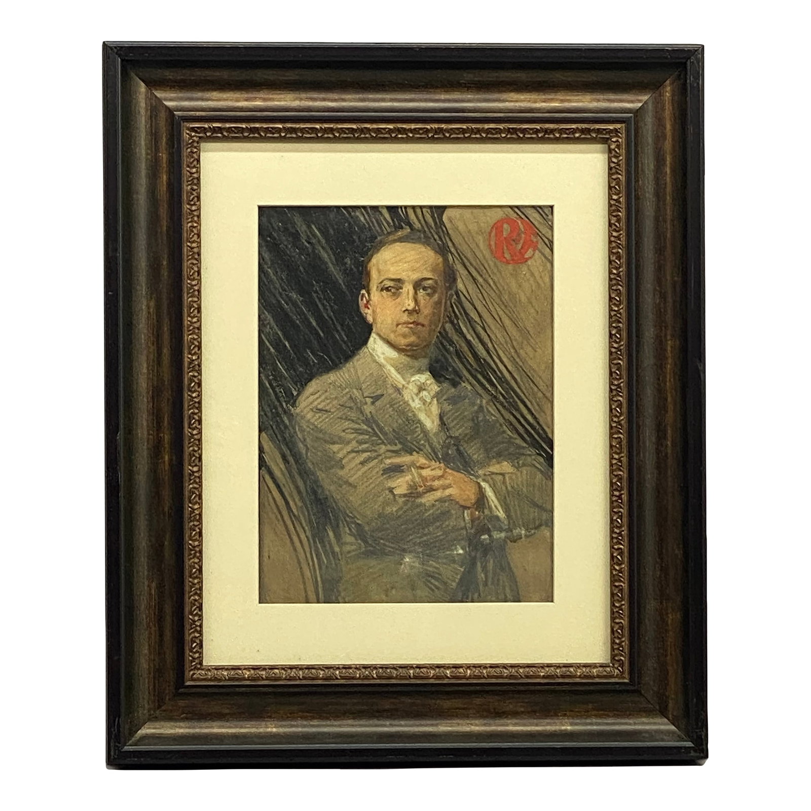 Art Deco Period Illustration of a Man Smoking: A dapper smoking man mixed media illustration from the American Art Deco period. Watercolor, oil crayon, pastel and graphite on paper. The man stands arms folded with a cigarette in hand with a rather