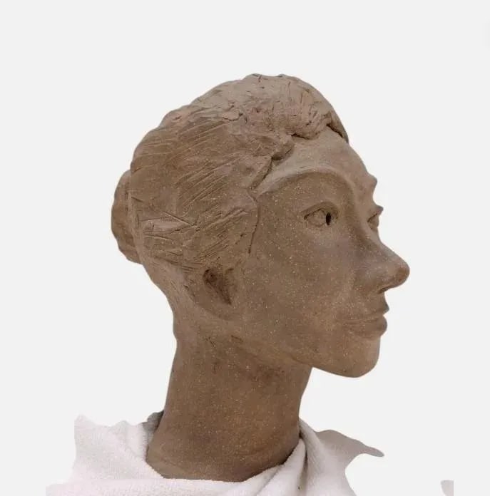 Mid Century Terracotta Bust Elegant Beautiful Woman Modern Art Clay Brown Head - 12