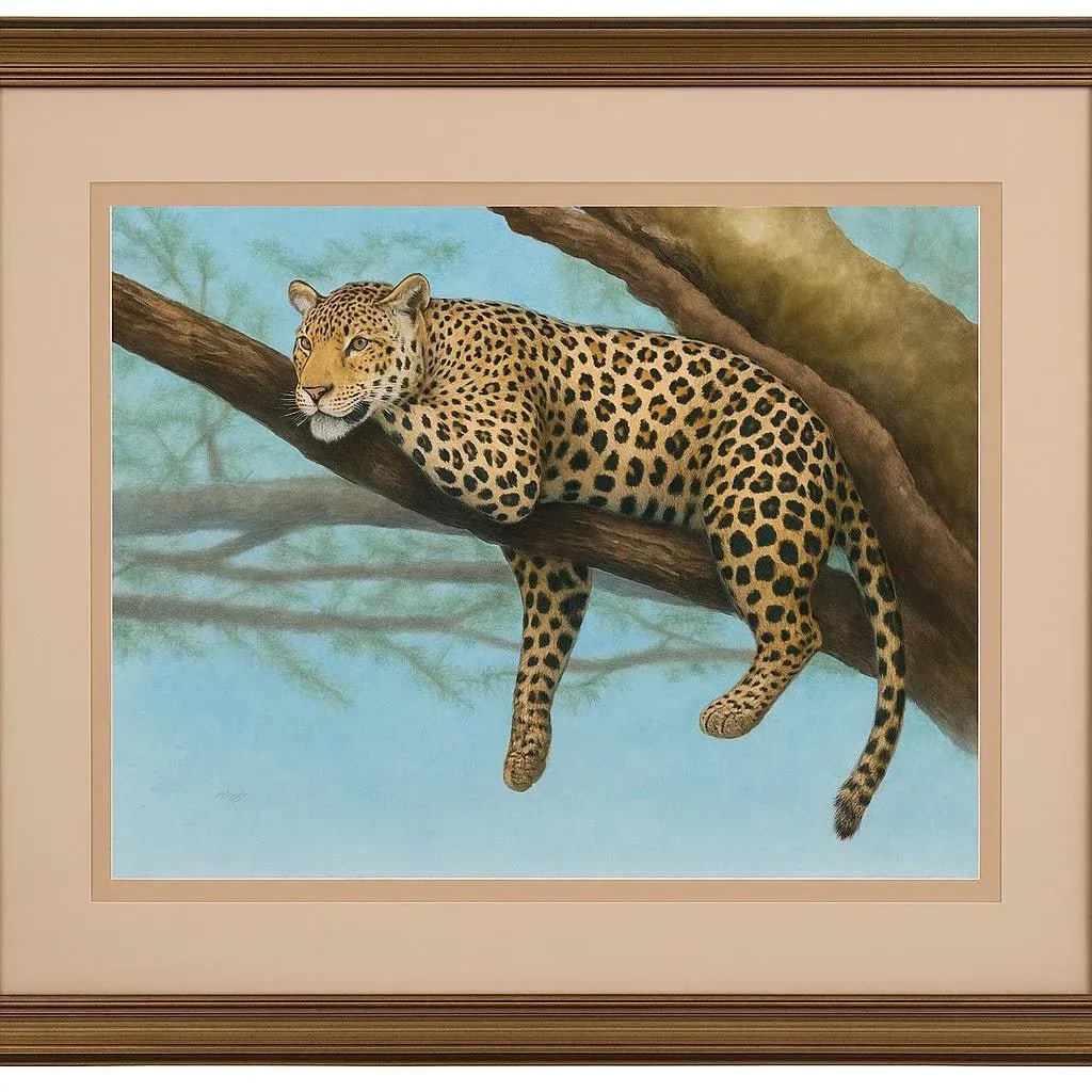 1990s Original Leopard Wildlife Painting - Framed Safari Luxe - 2