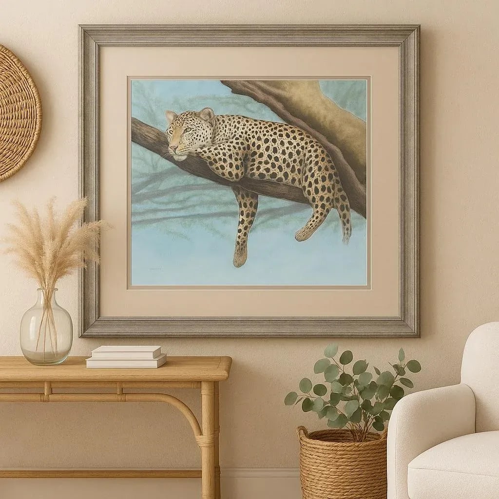 1990s Original Leopard Wildlife Painting - Framed Safari Luxe - 3