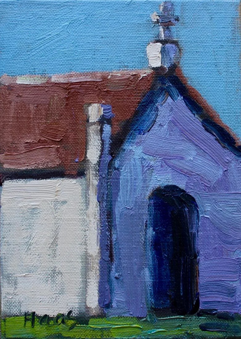Mausoleum Crypt Contemporary Architectural Oil Painting: Quiet Places & Journeys - Mausoleum Crypt Original oil painting by Haas, 5 x 7 unframed linen panel, signed. A contemplative contemporary architectural study of a mausoleum crypt, exploring the quiet