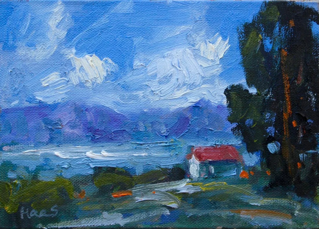 Coastal - Lake Saiko, Japan Oil Painting: Quiet Places & Coastal - Lake Saiko, Japan The Japanese landscape balances architectural precision with natural wonder. Medium: Original oil painting on linen panel Dimensions: 5" * 7" (Unframed)