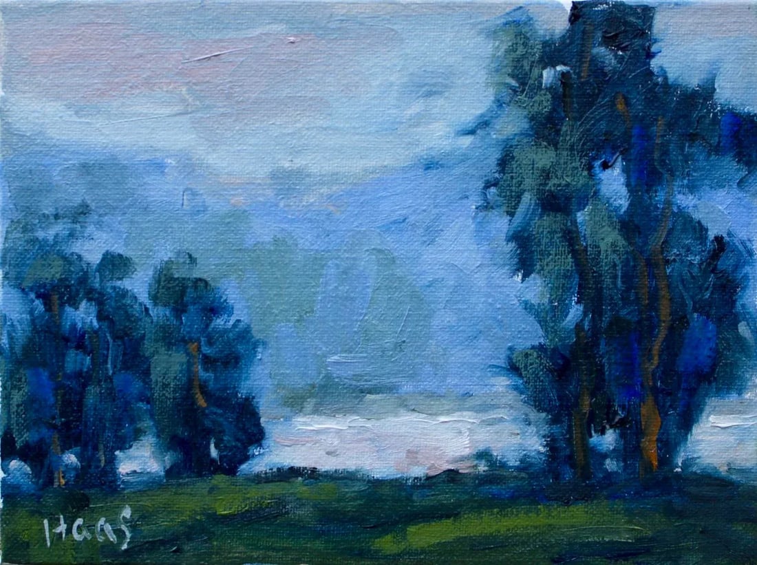 Whitefish Montana, Contemporary Landscape Oil Painting: Quiet Places & Journeys - Whitefish Montana Original oil painting by Haas, 6 x 8 unframed linen panel, signed. A contemporary landscape inspired by Whitefish, Montana. This work utilizes an