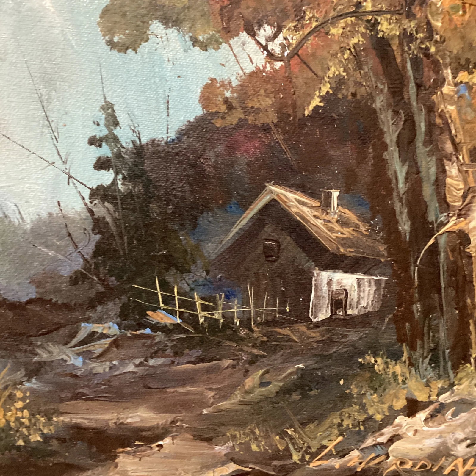 Vintage Oil Painting on Canvas Mountain River Fall Landscape by L . Harding - 10