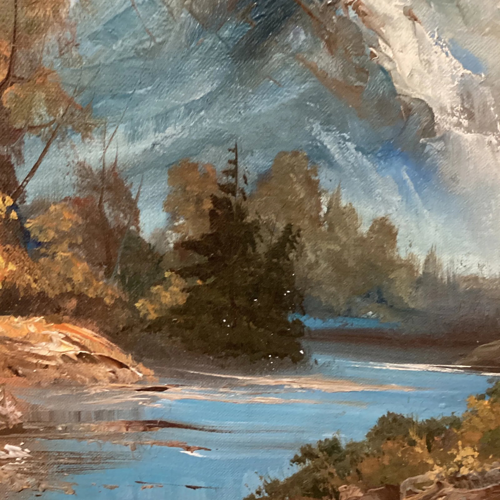 Vintage Oil Painting on Canvas Mountain River Fall Landscape by L . Harding - 11