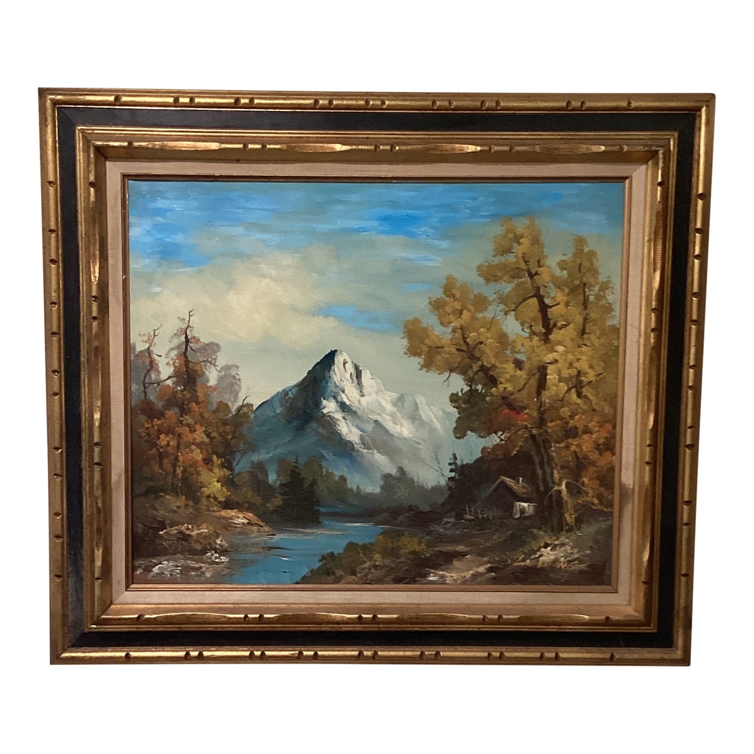 Vintage Oil Painting on Canvas Mountain River Fall Landscape by L . Harding: The product is a vintage oil painting on canvas depicting a mountain river fall landscape by artist L. Harding. The painting is original, signed by the artist, and framed. Created using the oil
