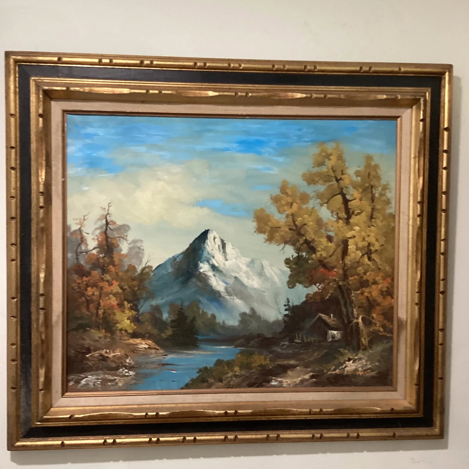 Vintage Oil Painting on Canvas Mountain River Fall Landscape by L . Harding - 2