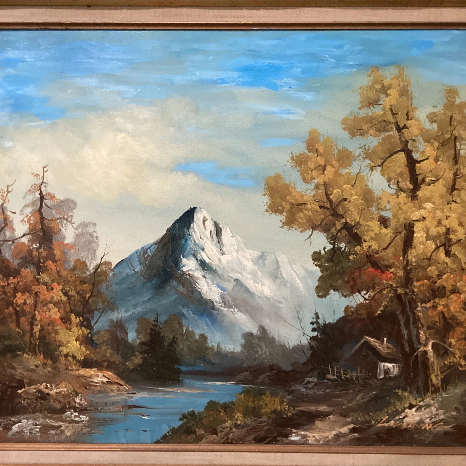 Vintage Oil Painting on Canvas Mountain River Fall Landscape by L . Harding - 3