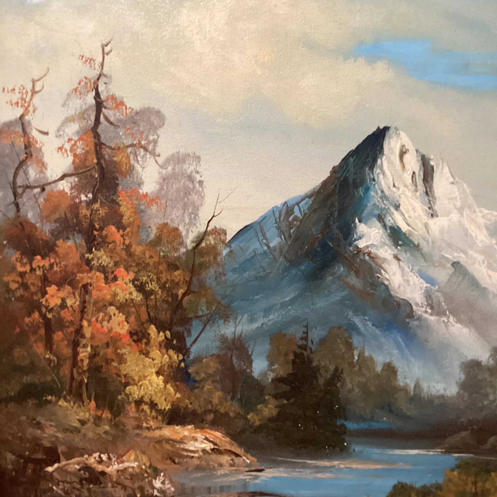 Vintage Oil Painting on Canvas Mountain River Fall Landscape by L . Harding - 4