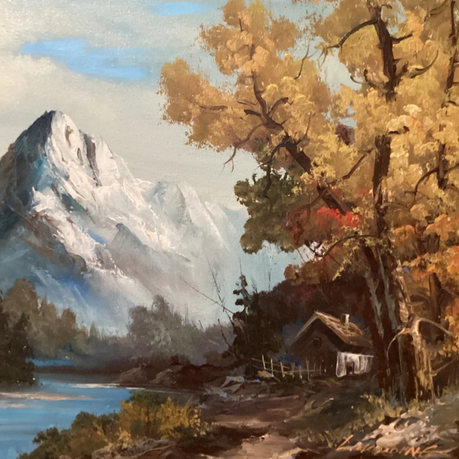 Vintage Oil Painting on Canvas Mountain River Fall Landscape by L . Harding - 6