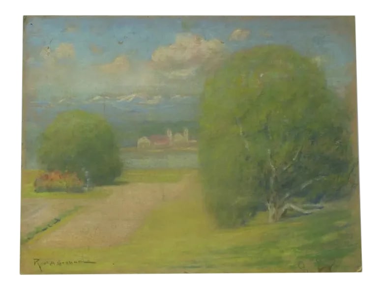 Mid 20th Century Landscape Pastel Drawing by Robert Alexander Graham: Pastel by Alexander Graham with no frame. Landscaped scene with building in the background. Signed lower left. Born in Brooklyn, IA on June 29, 1873. Graham studied at the AIC, ASL in NYC, and with
