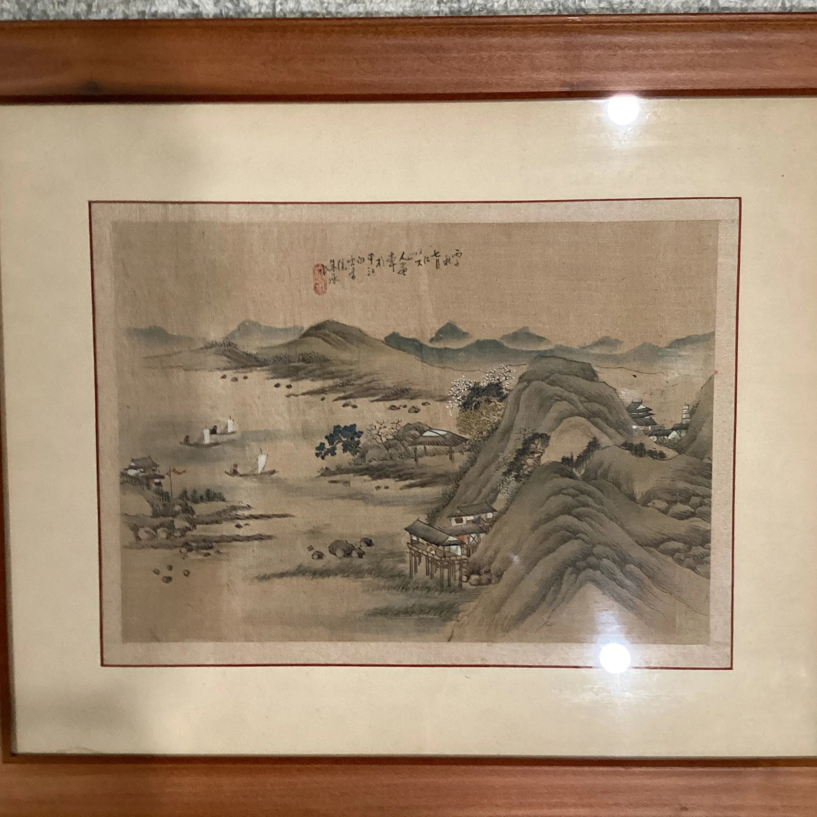 Vintage Framed Asian Ink & Watercolor Painting Shan Shui Style on Silk With Calligraphy and Seal - 2