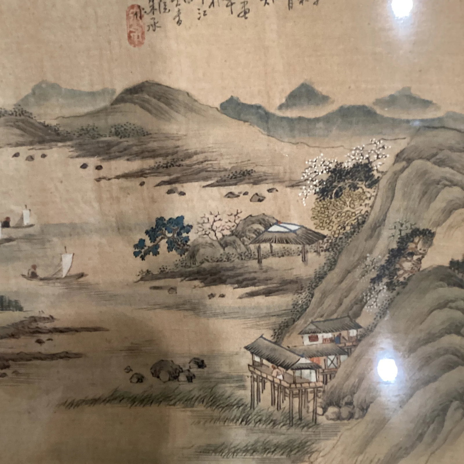 Vintage Framed Asian Ink & Watercolor Painting Shan Shui Style on Silk With Calligraphy and Seal - 5