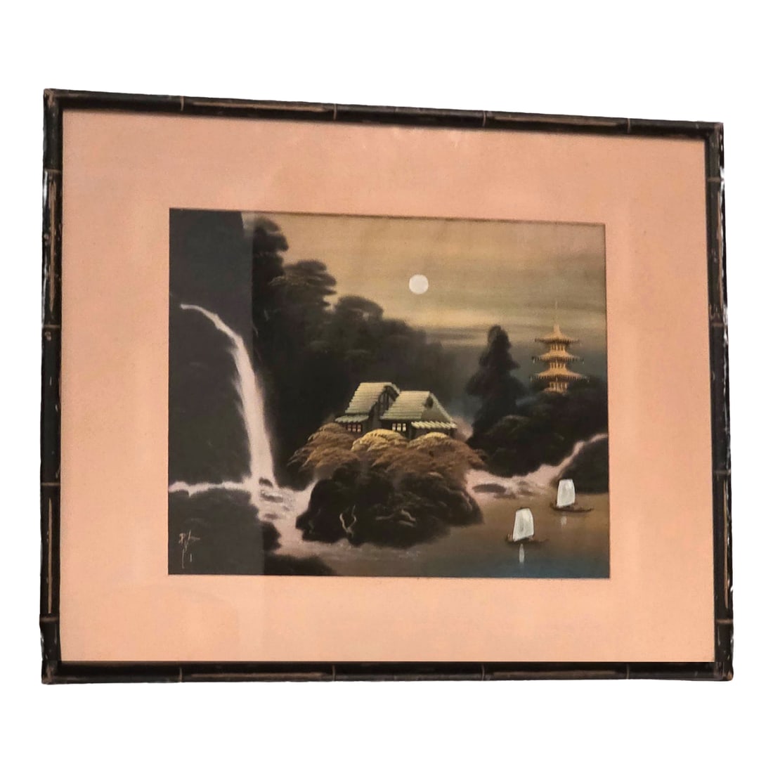 Mid 20th Century Signed Japanese Silk Painting | Japandi Moonlight Waterfall Landscape in Rustic Bam: This signed Japanese silk painting captures a tranquil moonlit landscape with pagoda architecture, cascading waterfall, and sailboats drifting below. The delicate brushwork and luminous silk ground