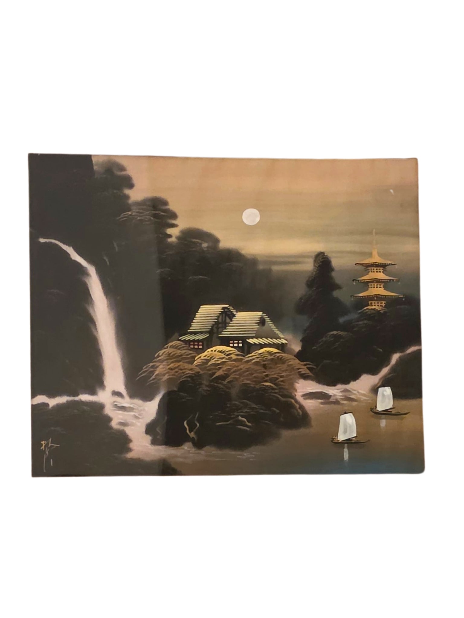 Mid 20th Century Signed Japanese Silk Painting | Japandi Moonlight Waterfall Landscape in Rustic Bam - 4