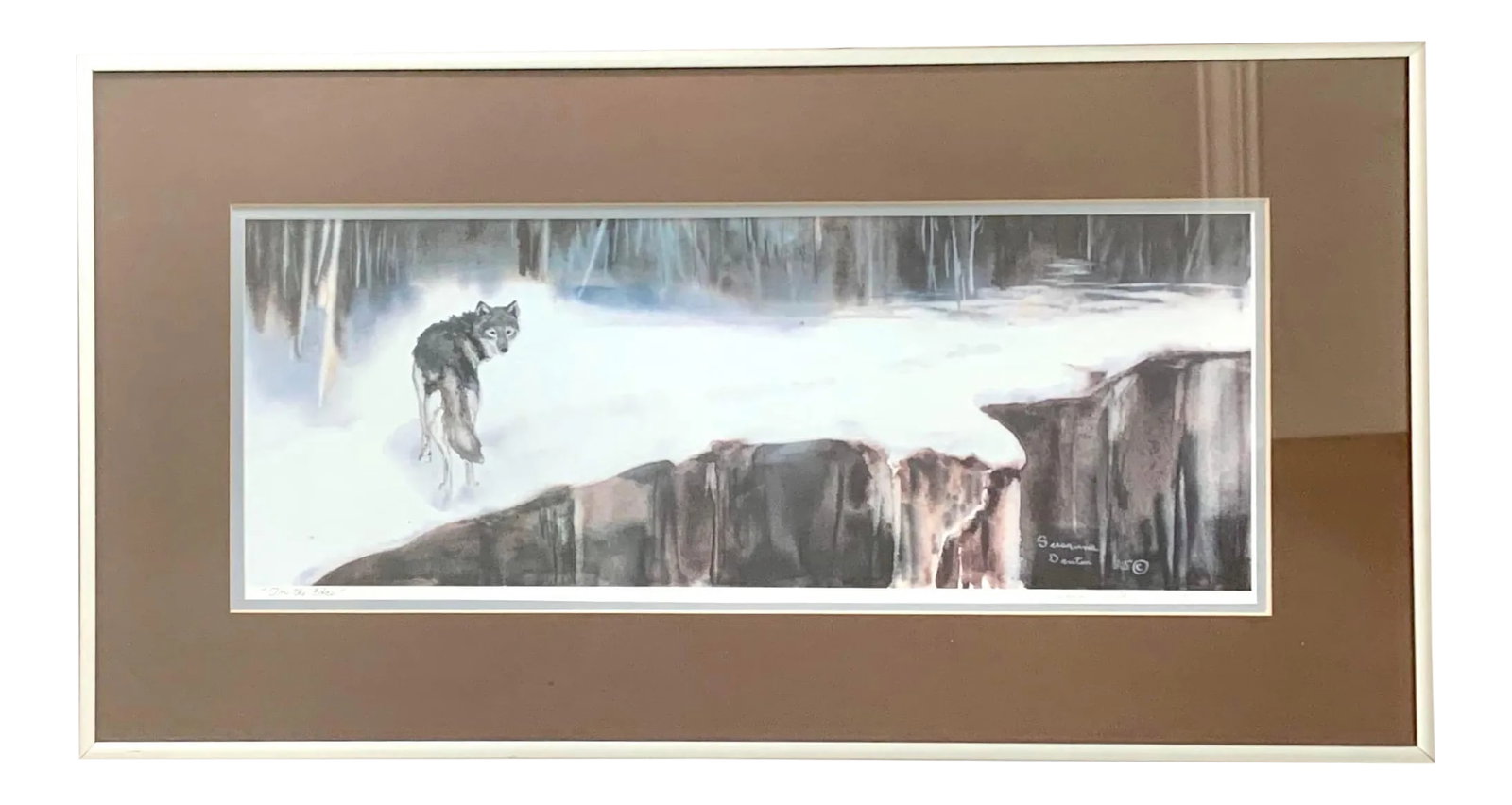 1985 Limited Edition Wildlife Wolf Serigraph Print " on the Edge" - Signed and Framed: Stunning wildlife wolf theme limited edition signed print in matching chocolate brown matting and minimalist modern silver tone metal frame Titled " On the edge", issued in 300 pieces, this is #14