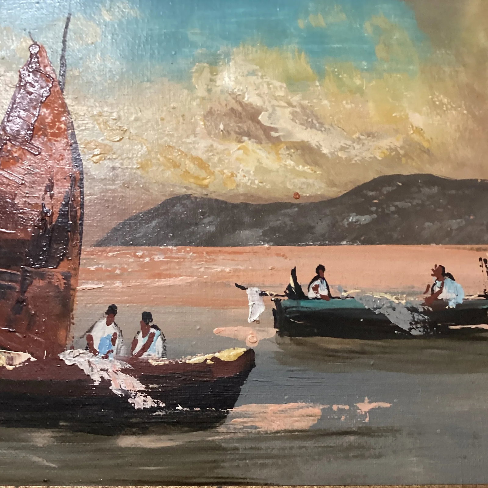 Vintage Seascape Painting on Canvas Sailboats W/Fisherman's Signed by Artist - 10