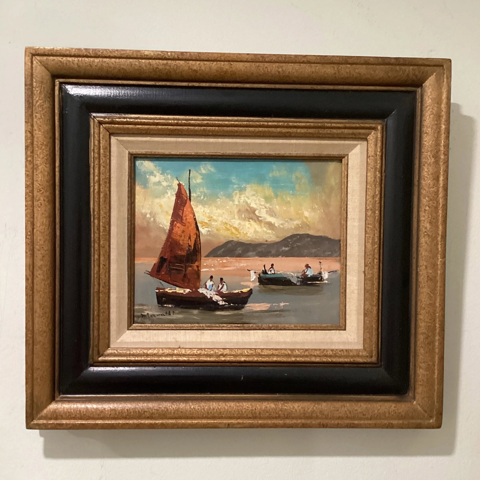 Vintage Seascape Painting on Canvas Sailboats W/Fisherman's Signed by Artist - 11