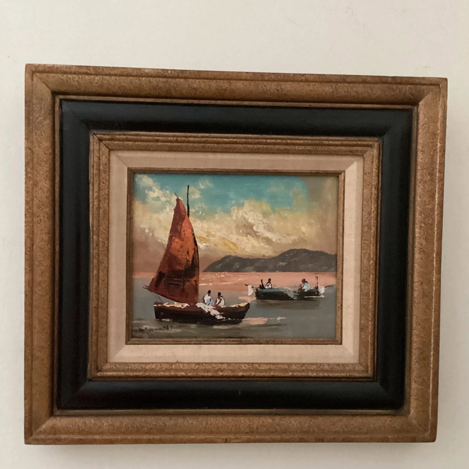 Vintage Seascape Painting on Canvas Sailboats W/Fisherman's Signed by Artist - 12