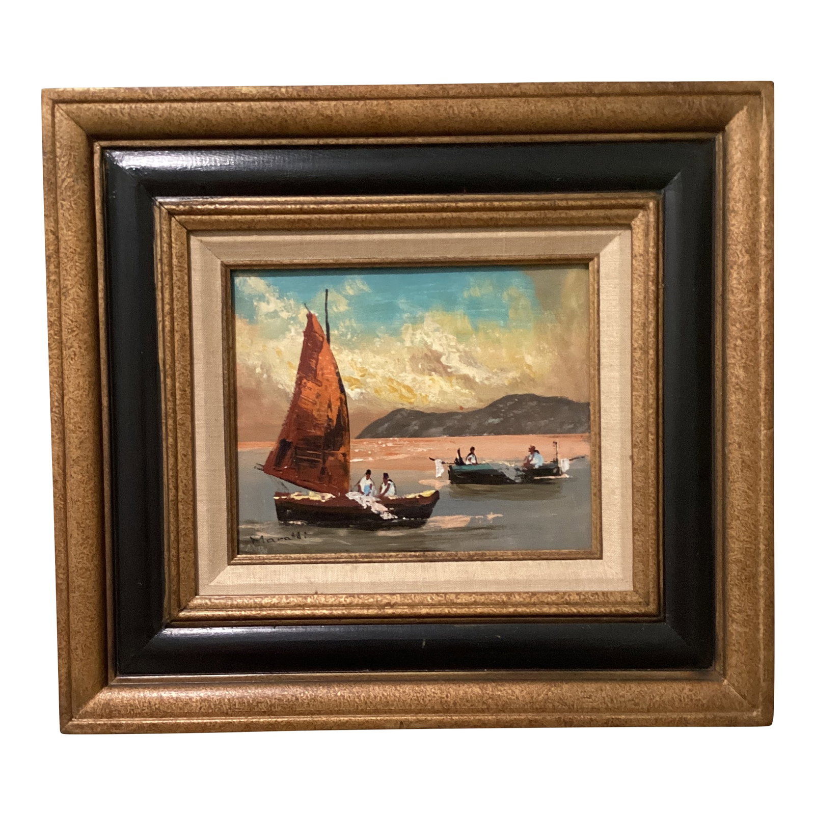 Vintage Seascape Painting on Canvas Sailboats W/Fisherman's Signed by Artist: The product is a vintage seascape painting on canvas depicting sailboats with a fisherman. The painting is original, signed by the artist, and done on a canvas material, showcasing a unique and charmi