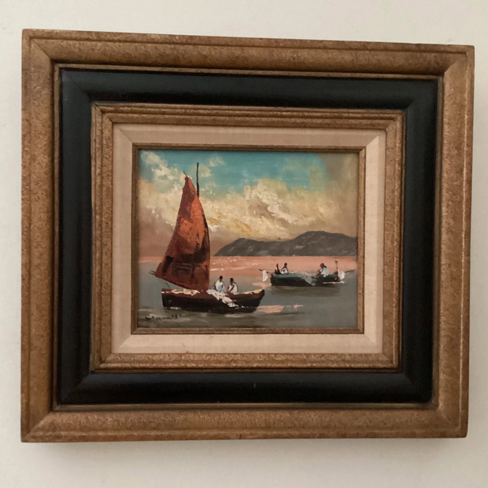 Vintage Seascape Painting on Canvas Sailboats W/Fisherman's Signed by Artist - 2