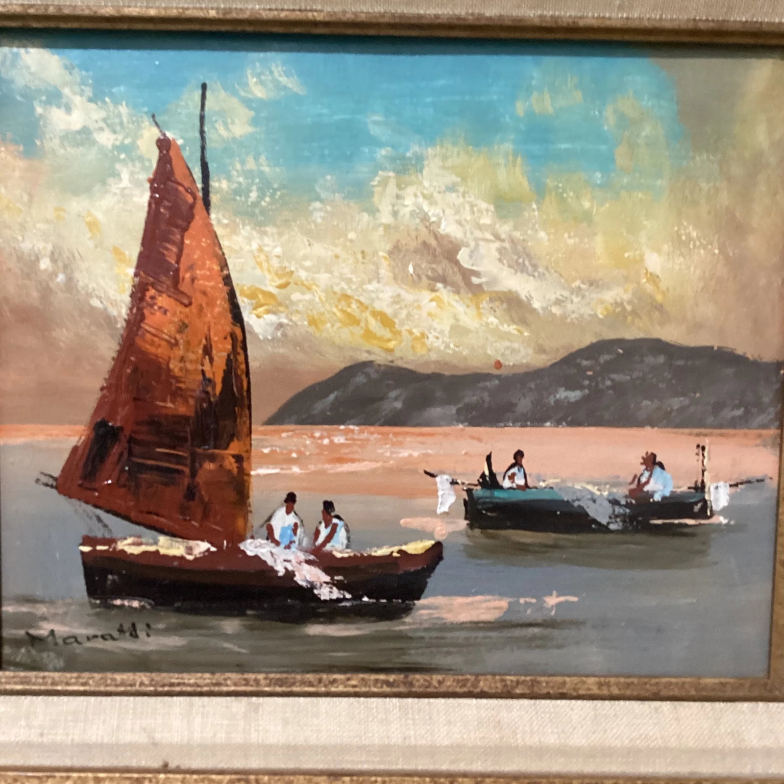 Vintage Seascape Painting on Canvas Sailboats W/Fisherman's Signed by Artist - 3