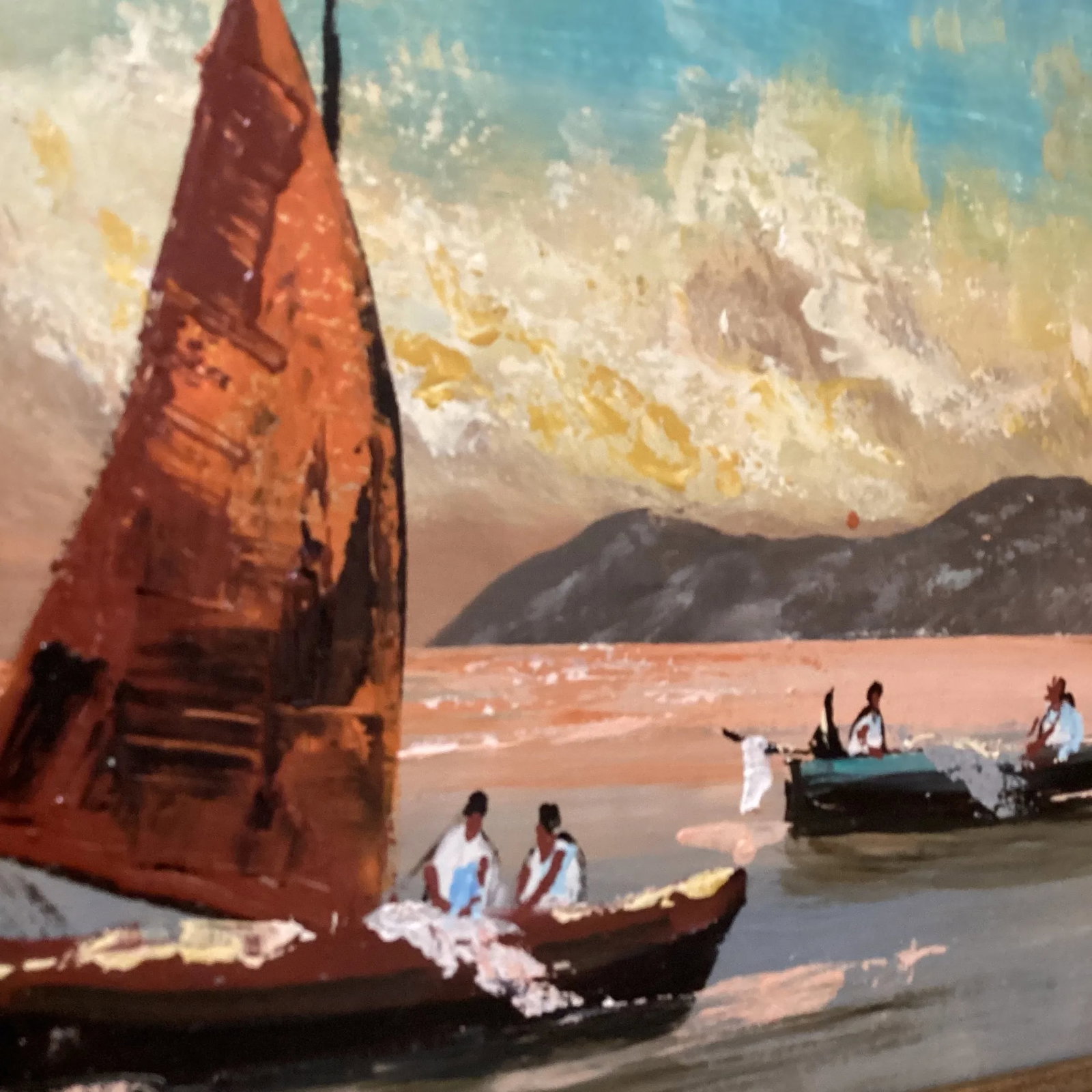 Vintage Seascape Painting on Canvas Sailboats W/Fisherman's Signed by Artist - 4