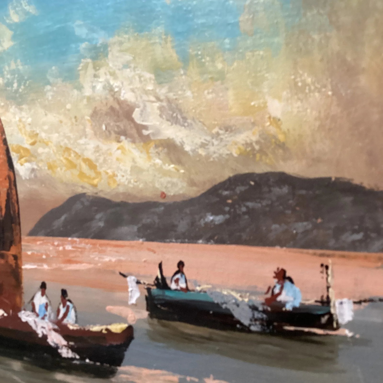 Vintage Seascape Painting on Canvas Sailboats W/Fisherman's Signed by Artist - 5
