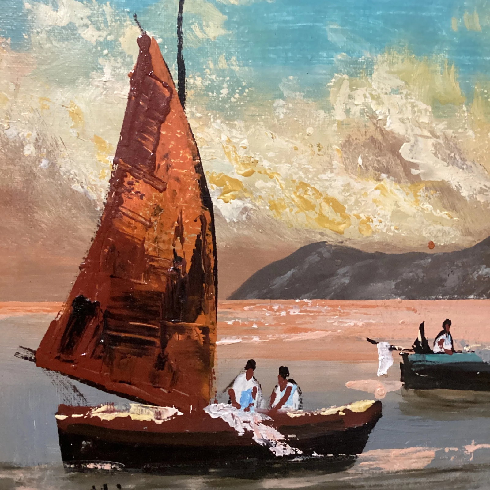 Vintage Seascape Painting on Canvas Sailboats W/Fisherman's Signed by Artist - 6