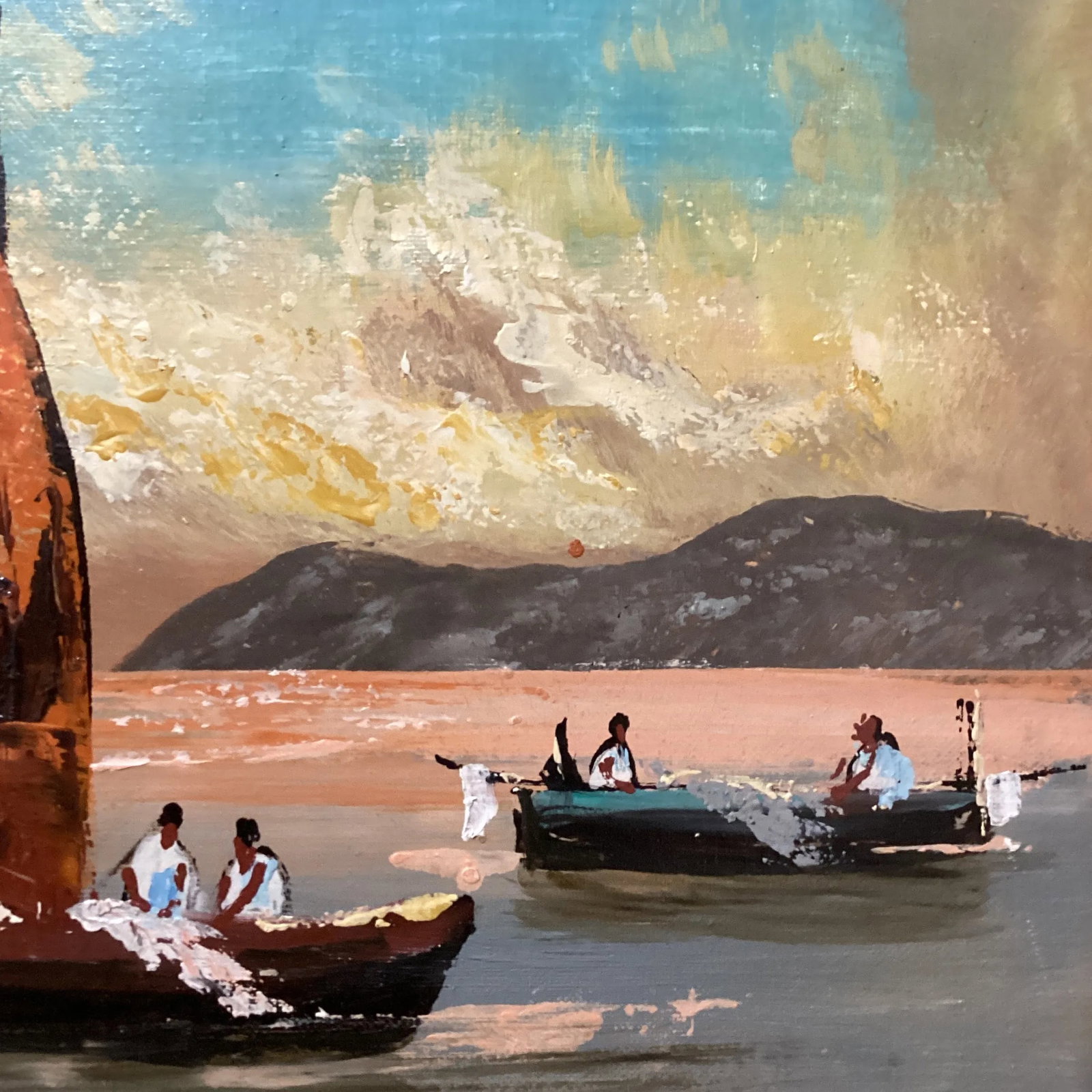 Vintage Seascape Painting on Canvas Sailboats W/Fisherman's Signed by Artist - 7