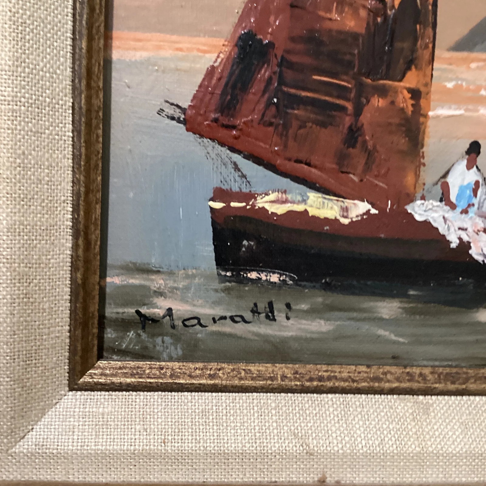 Vintage Seascape Painting on Canvas Sailboats W/Fisherman's Signed by Artist - 8