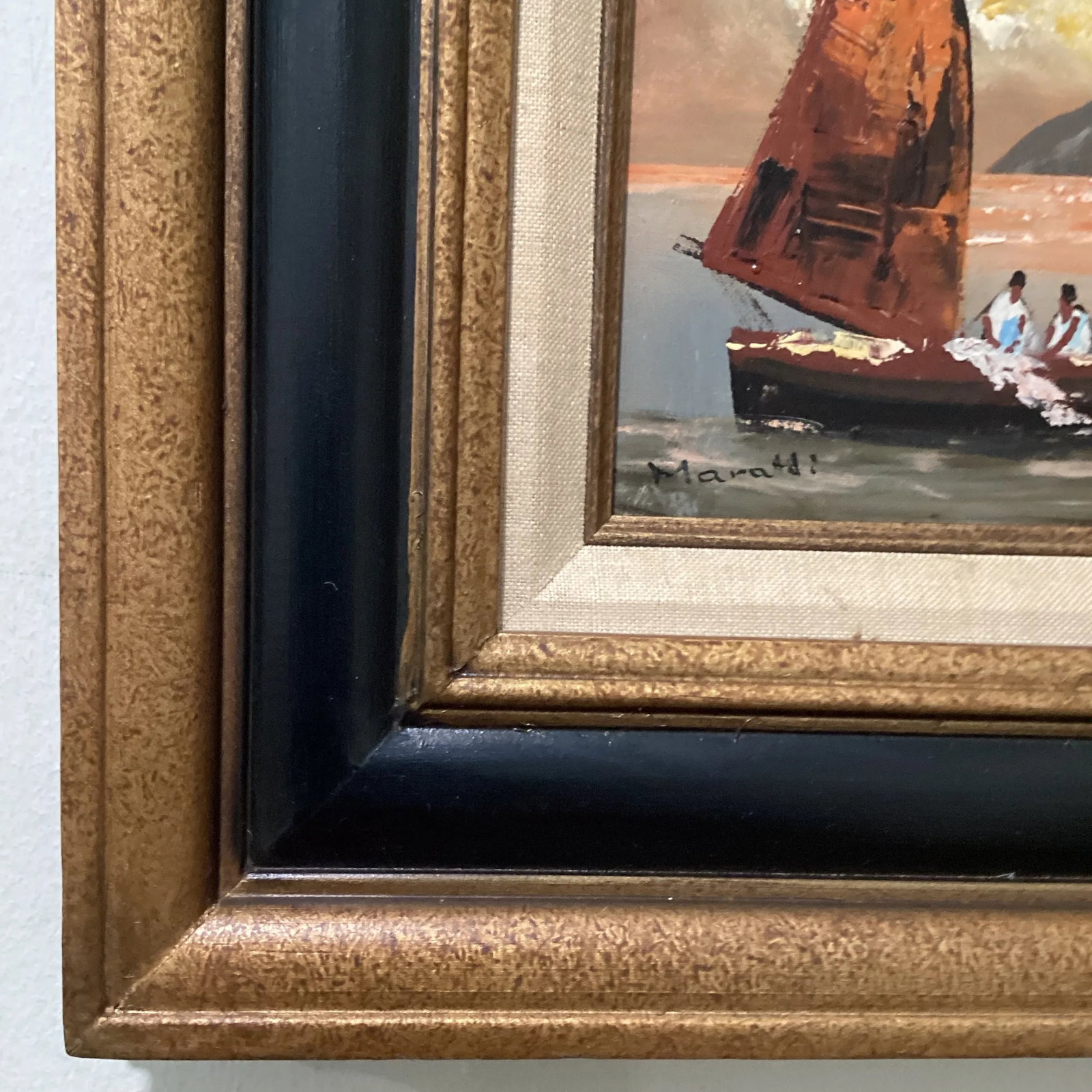 Vintage Seascape Painting on Canvas Sailboats W/Fisherman's Signed by Artist - 9